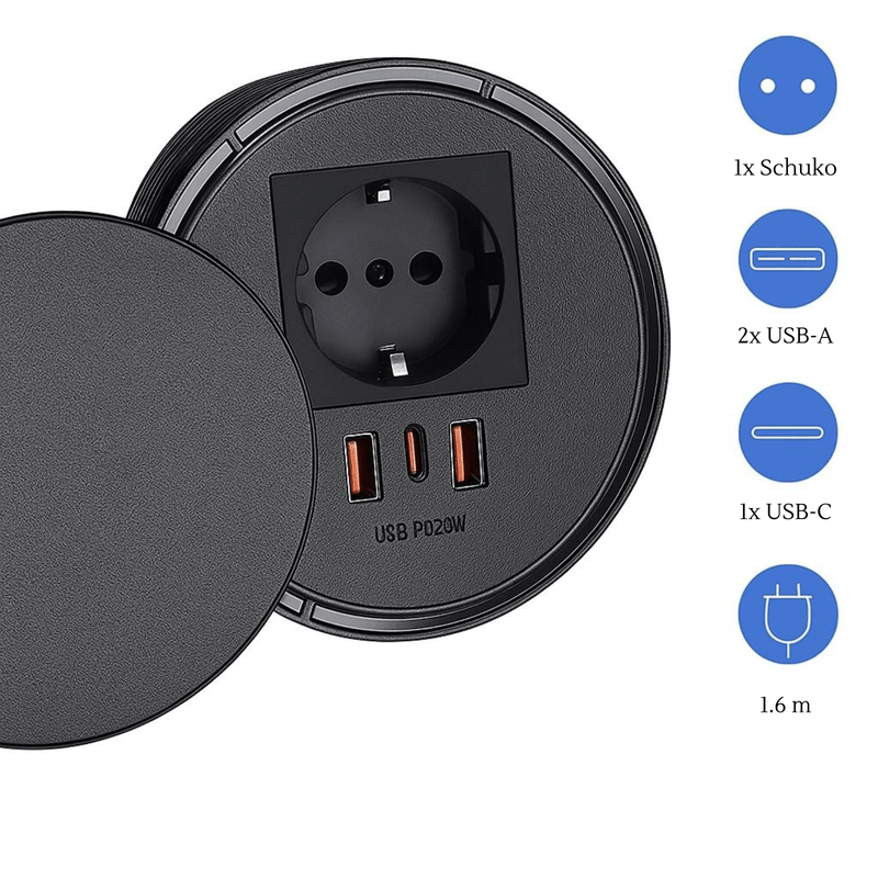 Casa si Gradina - Electrice - Prize - Priza Incorporabila, Adsinio, 1 Schuko, 2 USB-A, 1 USB-C, Cablu de 1.6m, 230V, 16A, 4000W, Negru - Infinity.ro