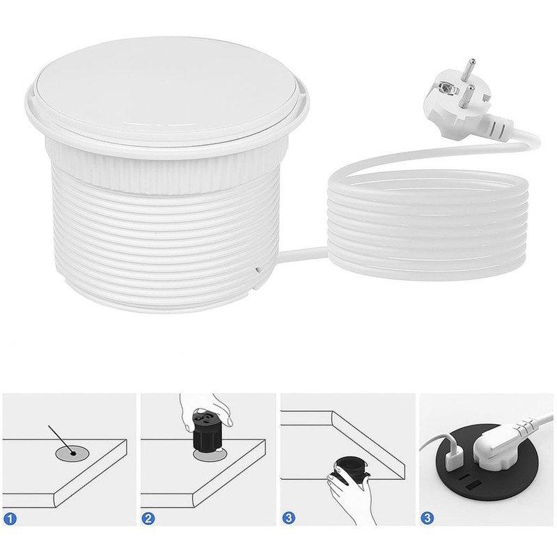 Casa si Gradina - Electrice - Prize - Priza Incorporabila Rotunda, Adsinio, 1 Schuko, 2 USB-A, 1 USB-C, Cablu de 1.6m, 230V, 16A, 4000W, Alb - Infinity.ro