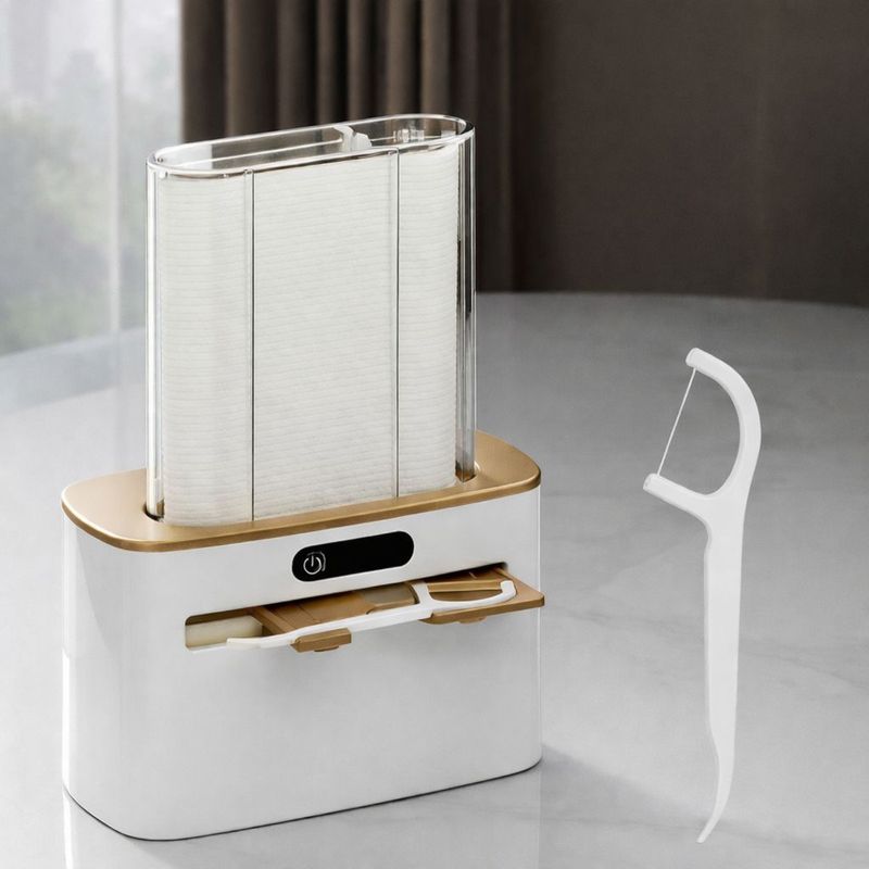 Ingrijire personala si Cosmetice - Igiena dentara - Rezerve si accesorii - Dispenser de Ata Dentara cu Senzor, Adsinio, 100 de Rezerve, Alb-Auriu - Infinity.ro