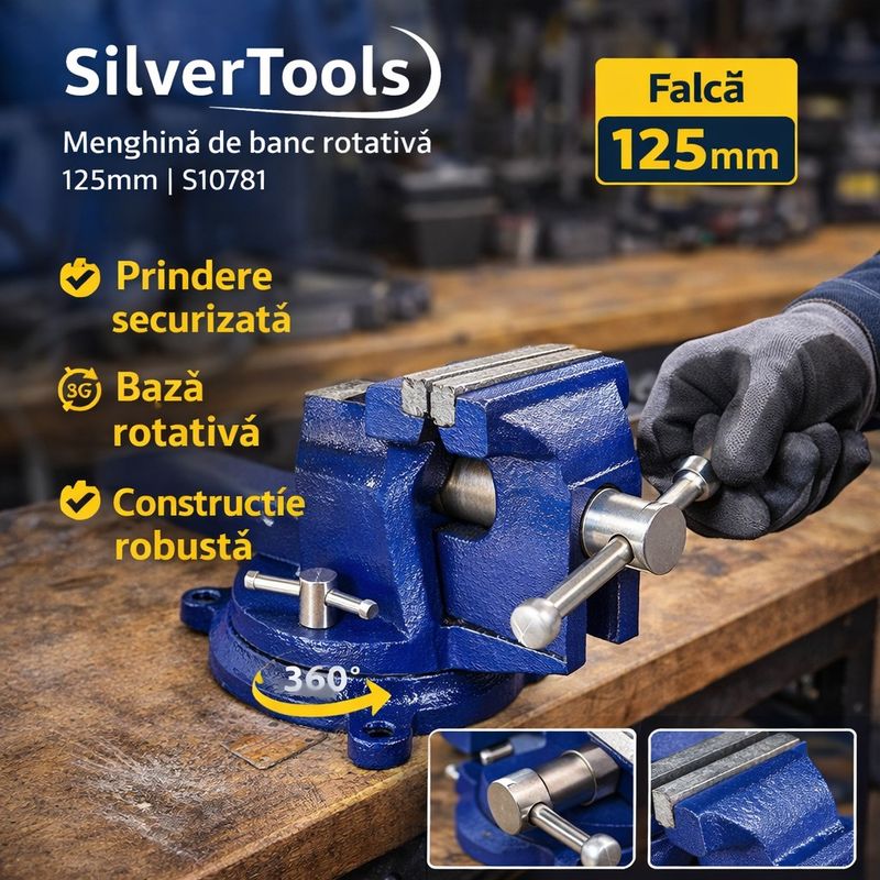 Casa si Gradina - Constructii - Scule electrice si accesorii - Menghine si cleme fixare - Menghina de banc rotativa, SilverTools, 125mm, S10781 - Infinity.ro