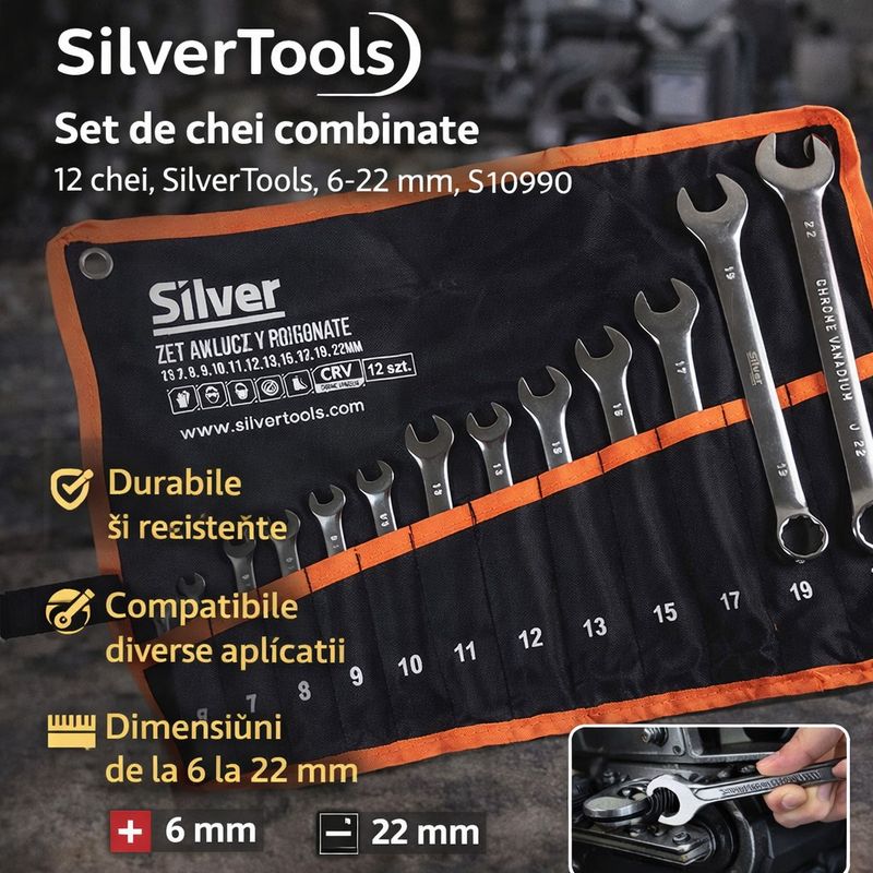 Casa si Gradina - Constructii - Scule de mana si unelte - Chei si truse chei - Set de chei combinate 12 chei, SilverTools, 6-22 mm, S10990 - Infinity.ro