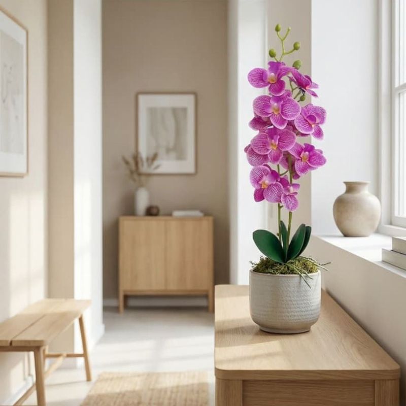 Casa si Gradina - Decoratiuni - Obiecte decorative - Plante artificiale - Planta artificiala Orhidee 40 cm, cu flori mov si frunze verzi, pentru interior - Infinity.ro