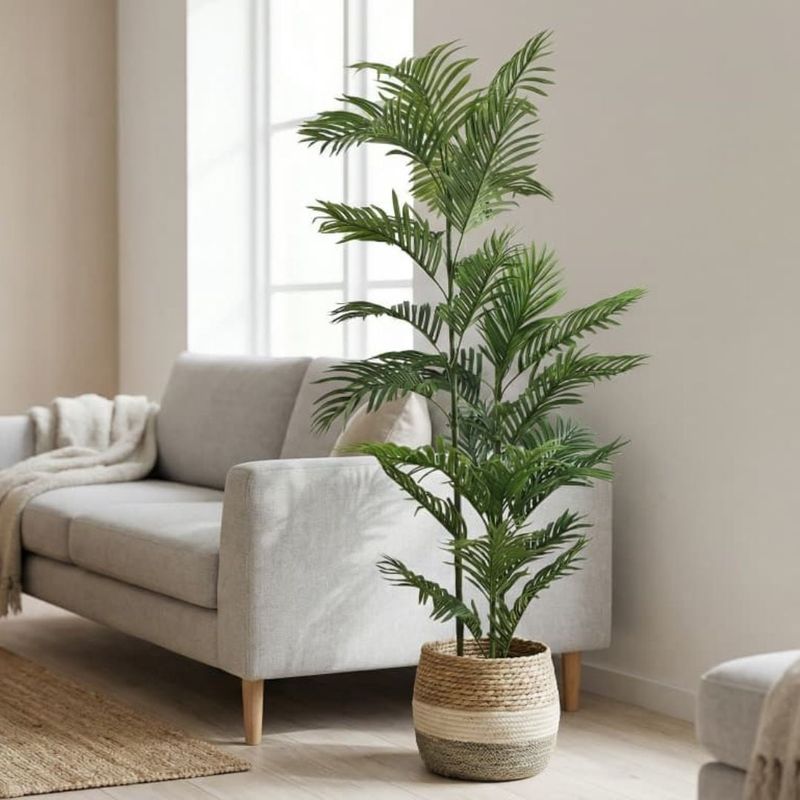 Casa si Gradina - Decoratiuni - Obiecte decorative - Plante artificiale - Planta artificiala Areca 150 cm, cu frunze verzi lungi si detalii realiste, pentru interior, ghiveci negru inclus - Infinity.ro