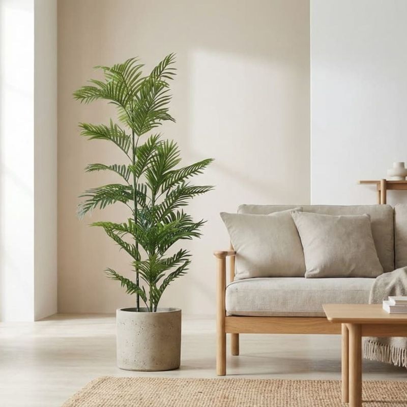 Casa si Gradina - Decoratiuni - Obiecte decorative - Plante artificiale - Planta artificiala Areca 150 cm, cu frunze verzi lungi si detalii realiste, pentru interior, ghiveci negru inclus - Infinity.ro