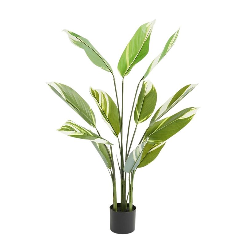 Casa si Gradina - Decoratiuni - Obiecte decorative - Plante artificiale - Planta artificiala Calathea 118 cm, cu frunze verzi variegate, aspect realist, pentru interior, ghiveci negru inclus - Infinity.ro