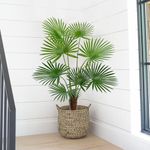 Casa si Gradina - Decoratiuni - Obiecte decorative - Plante artificiale - Planta artificiala Palmier 160 cm, bogata in frunze verzi, tulpini cu insertii de material natural, ghiveci negru inclus - Infinity.ro