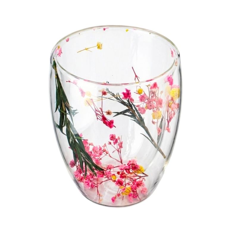 Casa si Gradina - Bucatarie si vesela - Cani si pahare - Pahare - Pahar cu insertie de flori uscate multicolore, floarea miresei, pereti dubli, sticla borosilicata, 300 ml, Aurora Bloom - Infinity.ro