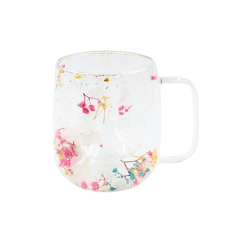 Casa si Gradina - Bucatarie si vesela - Cani si pahare - Cani si cesti - Cana cu insertie de flori uscate multicolor, hortensie, pereti dubli, sticla borosilicata, 250 ml, Aurora Bloom - Infinity.ro