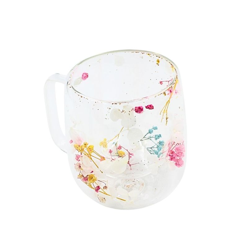 Casa si Gradina - Bucatarie si vesela - Cani si pahare - Cani si cesti - Cana cu insertie de flori uscate multicolor, hortensie, pereti dubli, sticla borosilicata, 250 ml, Aurora Bloom - Infinity.ro