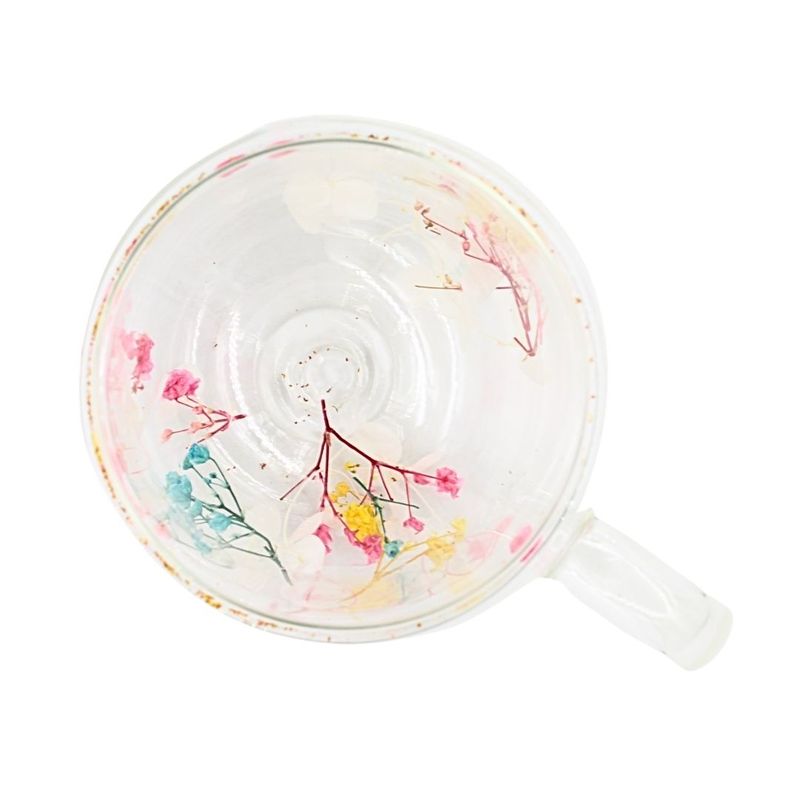 Casa si Gradina - Bucatarie si vesela - Cani si pahare - Cani si cesti - Cana cu insertie de flori uscate multicolor, hortensie, pereti dubli, sticla borosilicata, 250 ml, Aurora Bloom - Infinity.ro