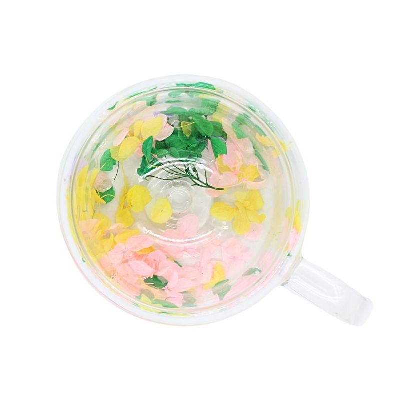 Casa si Gradina - Bucatarie si vesela - Cani si pahare - Cani si cesti - Cana cu insertie de flori uscate, hortensie multicolor, pereti dubli, sticla borosilicata, 200 ml, Aurora Bloom - Infinity.ro
