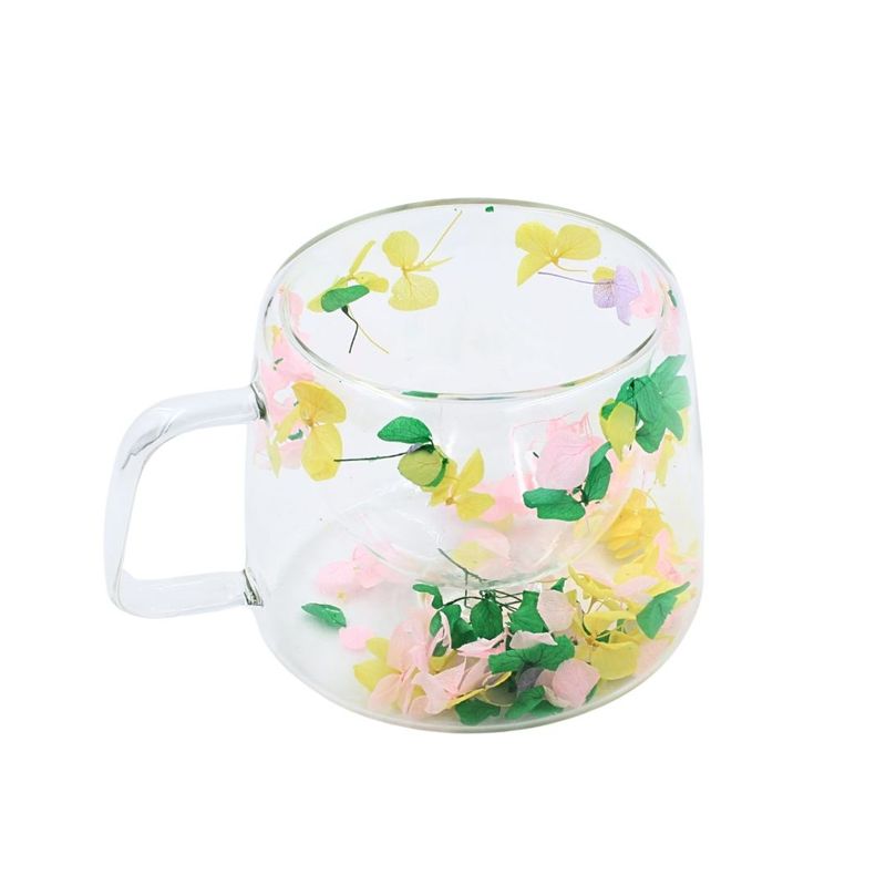 Casa si Gradina - Bucatarie si vesela - Cani si pahare - Cani si cesti - Cana cu insertie de flori uscate, hortensie multicolor, pereti dubli, sticla borosilicata, 200 ml, Aurora Bloom - Infinity.ro