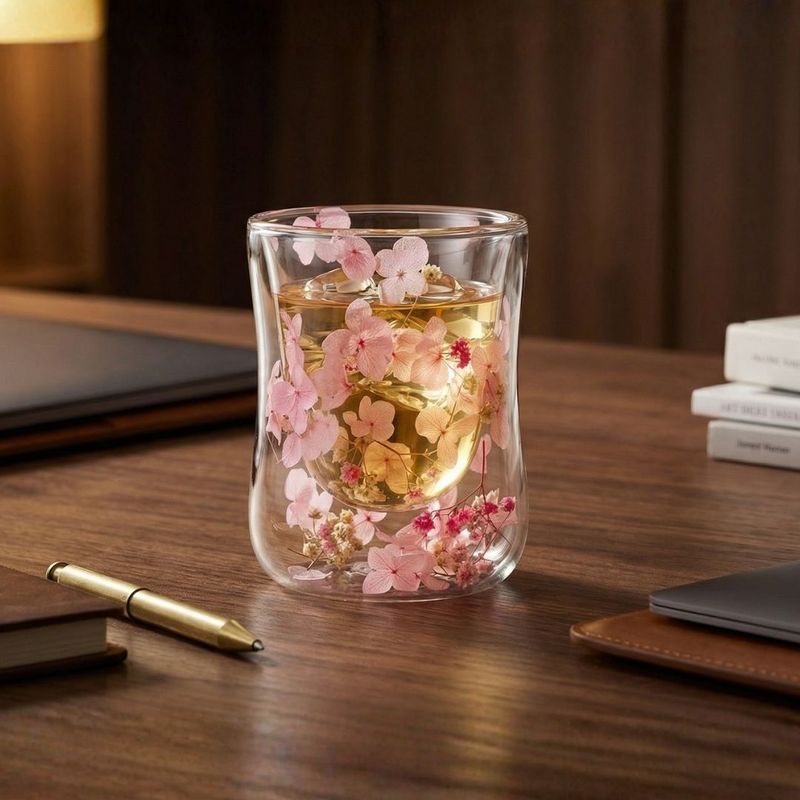 Casa si Gradina - Bucatarie si vesela - Cani si pahare - Pahare - Pahar cu insertie de flori uscate, hortensie, roz si alb, pereti dubli, sticla borosilicata, 200 ml, Aurora Bloom - Infinity.ro