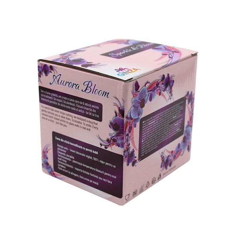 Casa si Gradina - Bucatarie si vesela - Cani si pahare - Cani si cesti - Cana cu insertie de flori uscate, hortensie multicolor, pereti dubli, sticla borosilicata, 200 ml, Aurora Bloom - Infinity.ro