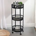 Casa si Gradina - Mobilier - Biblioteci si rafturi - Rafturi - Carucior de depozitare cu 3 cosuri rotunde din plasa metalica – Mobil cu roti, culoare negru Ø37x88 cm - Infinity.ro