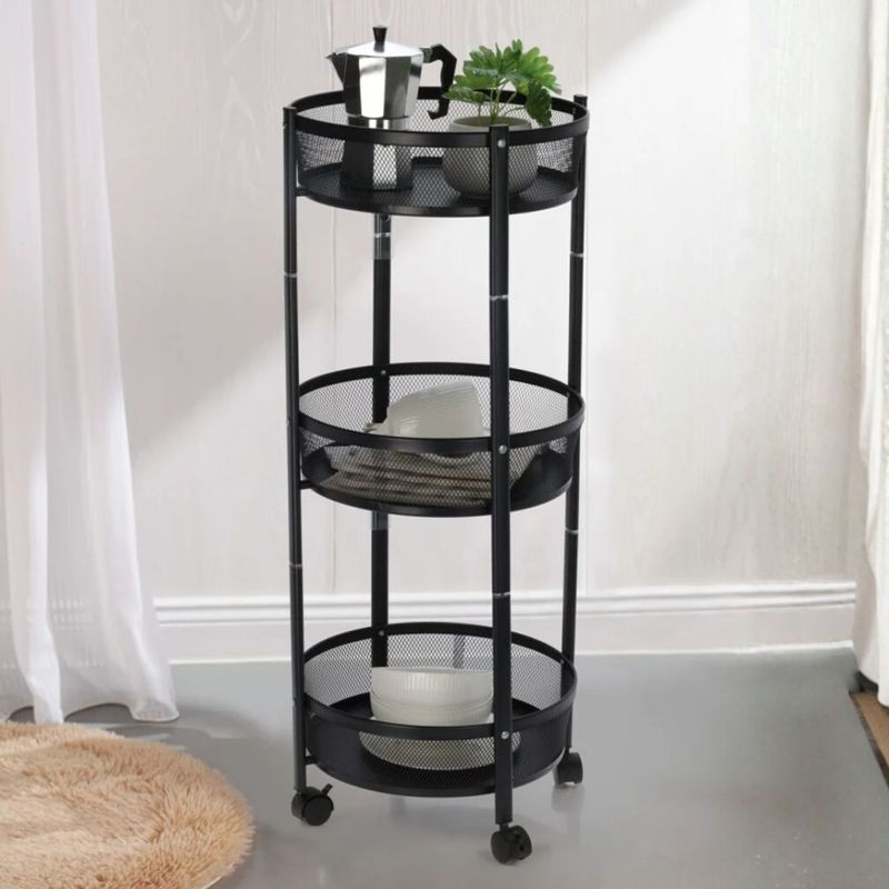 Casa si Gradina - Mobilier - Biblioteci si rafturi - Rafturi - Carucior de depozitare cu 3 cosuri rotunde din plasa metalica – Mobil cu roti, culoare negru Ø37x88 cm - Infinity.ro