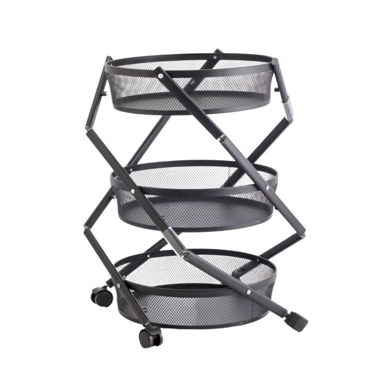 Casa si Gradina - Mobilier - Biblioteci si rafturi - Rafturi - Carucior de depozitare cu 3 cosuri rotunde din plasa metalica – Mobil cu roti, culoare negru Ø37x88 cm - Infinity.ro