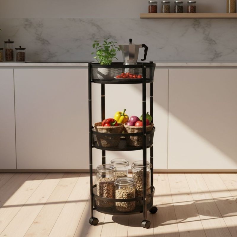 Casa si Gradina - Mobilier - Biblioteci si rafturi - Rafturi - Carucior de depozitare cu 3 cosuri rotunde din plasa metalica – Mobil cu roti, culoare negru Ø37x88 cm - Infinity.ro