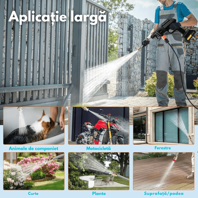 Casa si Gradina - Constructii - Scule electrice si accesorii - Aparate de spalat cu presiune - Aparat de spalat cu presiune tip pistol DASBO®, fara fir, 2 acumulatori reincarcabili, Recipient spuma,Accesorii incluse - Infinity.ro