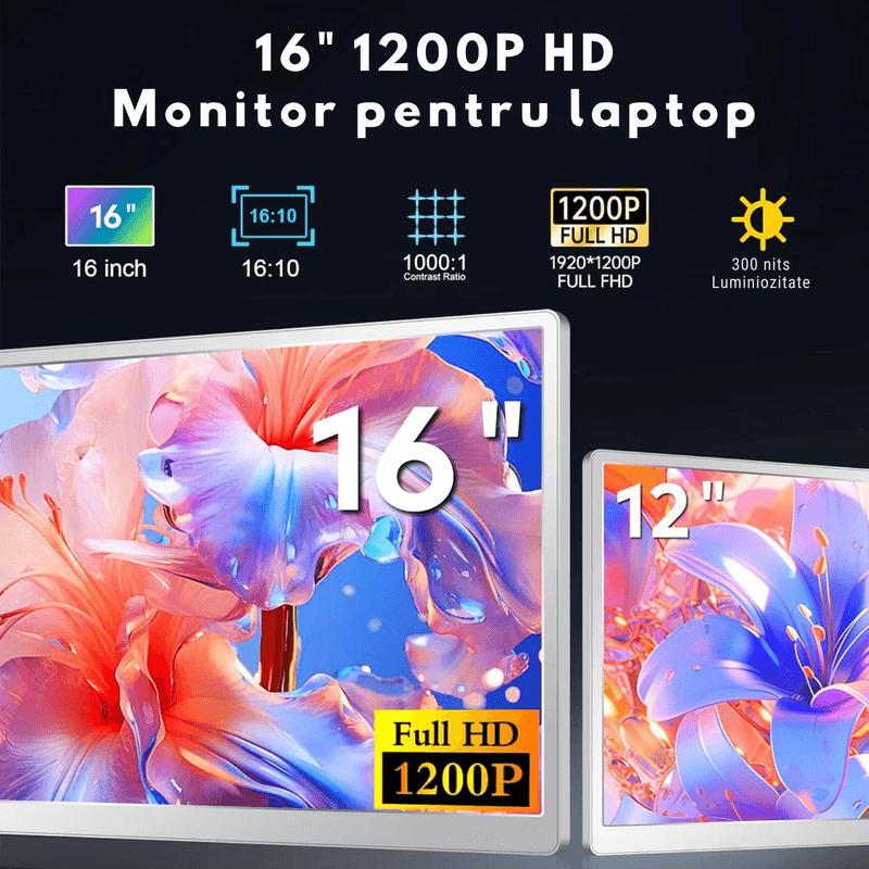 PC, gaming si accesorii - Desktop PC & monitoare - Monitoare - Monitor dual, 16 inch, IPS 1200P 16:10, HDR, Plug & Play, ecrane rotative 360° cu auto-rotire, USB-C/HDMI, geanta cadou - Infinity.ro