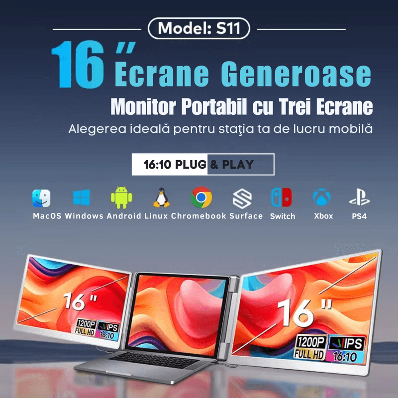 PC, gaming si accesorii - Desktop PC & monitoare - Monitoare - Monitor dual, 16 inch, IPS 1200P 16:10, HDR, Plug & Play, ecrane rotative 360° cu auto-rotire, USB-C/HDMI, geanta cadou - Infinity.ro