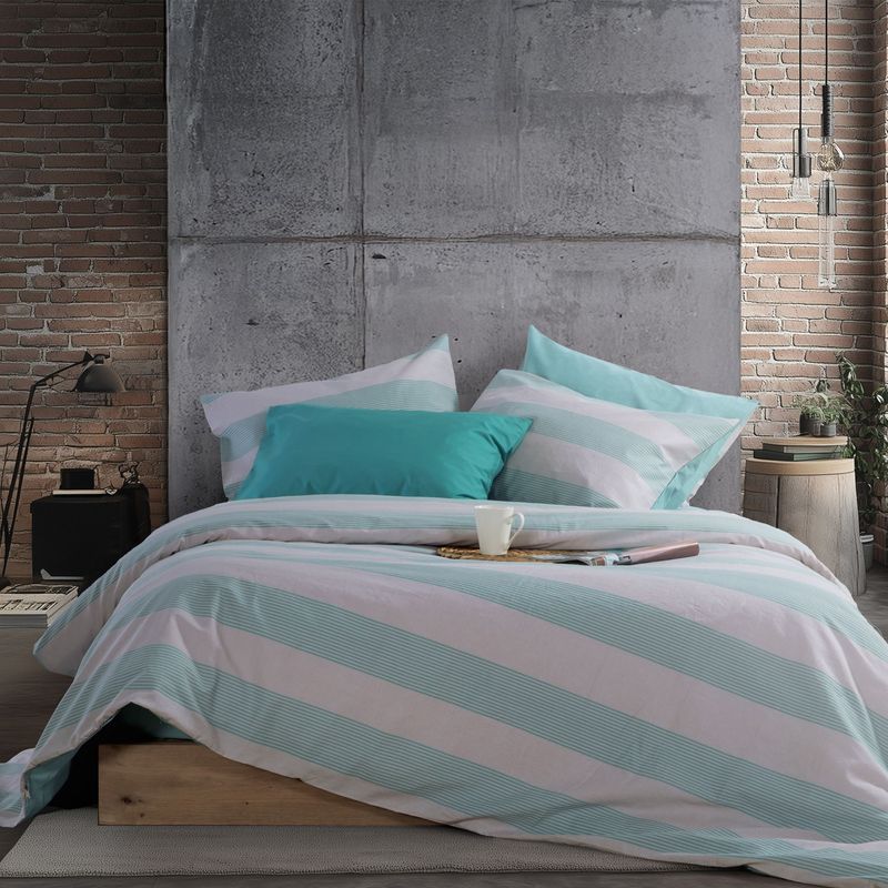 Casa si Gradina - Textile si covoare - Lenjerii de pat - Seturi de lenjerie - Set husa 270x270 cm + 2 fete perna 52x72 cm + cearsaf 180x200 cm Nef-Nef Casual Stripe Petrol - Infinity.ro