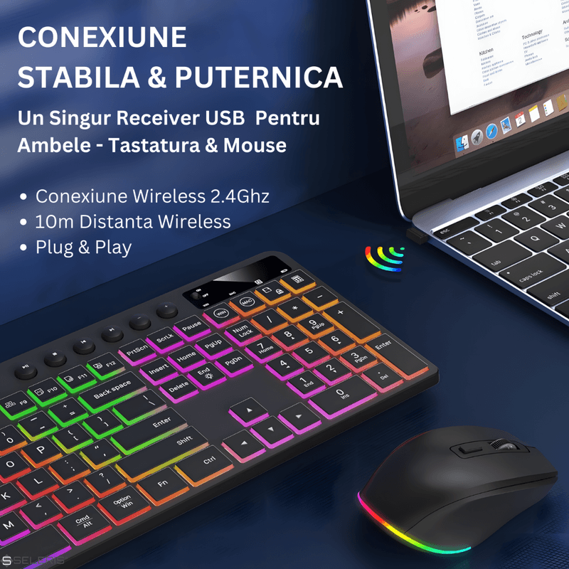 PC, gaming si accesorii - Periferice PC - Tastaturi - Set Tastatura si Mouse Wireless 2.4 GHz, SELERIS®, Suport Telefon/Tableta, Compatibil Win/Mac OS, intensitate RGB reglabila - Infinity.ro