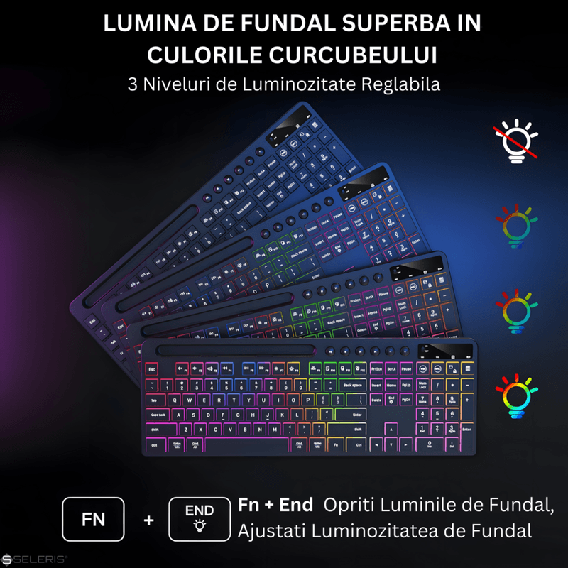 PC, gaming si accesorii - Periferice PC - Tastaturi - Set Tastatura si Mouse Wireless 2.4 GHz, SELERIS®, Suport Telefon/Tableta, Compatibil Win/Mac OS, intensitate RGB reglabila - Infinity.ro