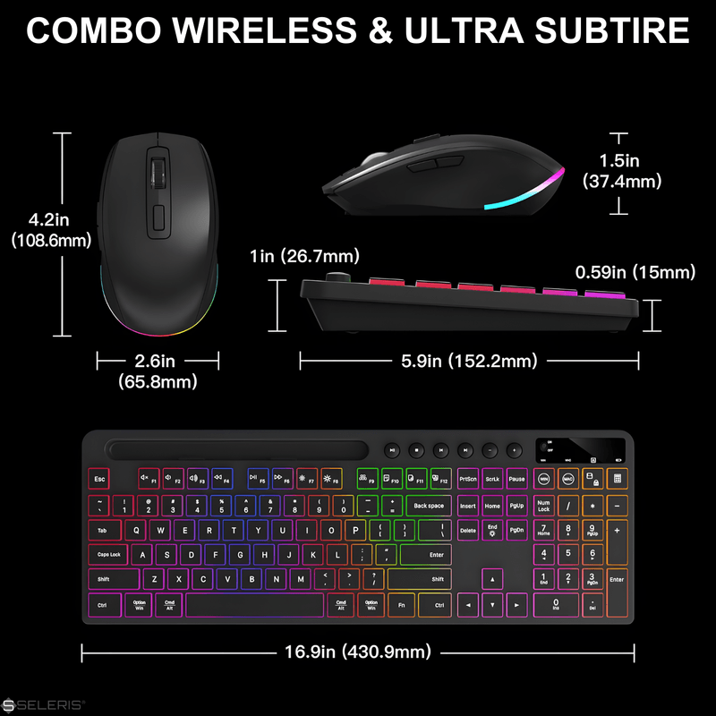 PC, gaming si accesorii - Periferice PC - Tastaturi - Set Tastatura si Mouse Wireless 2.4 GHz, SELERIS®, Suport Telefon/Tableta, Compatibil Win/Mac OS, intensitate RGB reglabila - Infinity.ro