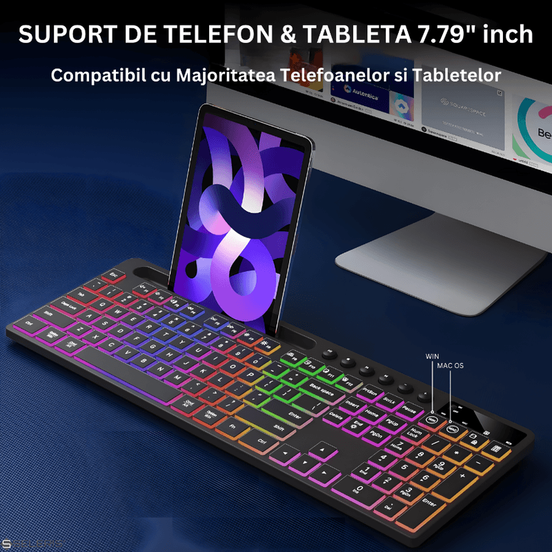 PC, gaming si accesorii - Periferice PC - Tastaturi - Set Tastatura si Mouse Wireless 2.4 GHz, SELERIS®, Suport Telefon/Tableta, Compatibil Win/Mac OS, intensitate RGB reglabila - Infinity.ro