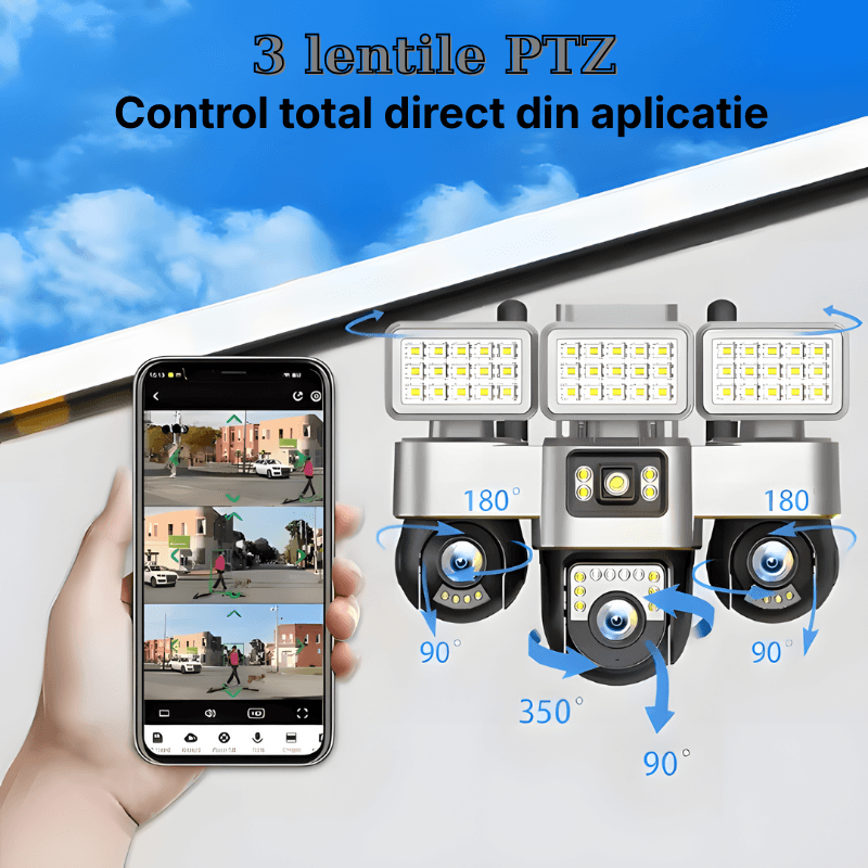 Casa si Gradina - Electrice - Smart Home - Camere de supraveghere - Camera de supraveghere tripla MaGeCa WiFi cu proiector LED, 12MP Full HD, 3 zone supravegheate simultan - Infinity.ro