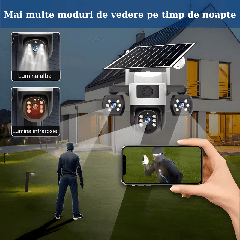 Casa si Gradina - Electrice - Smart Home - Camere de supraveghere - Camera de supraveghere tripla cu panou solar MaGeCa, 4G, Cartela SIM, 6MP Full HD, Baterie 8000 mAh, Panou solar 8W - Infinity.ro