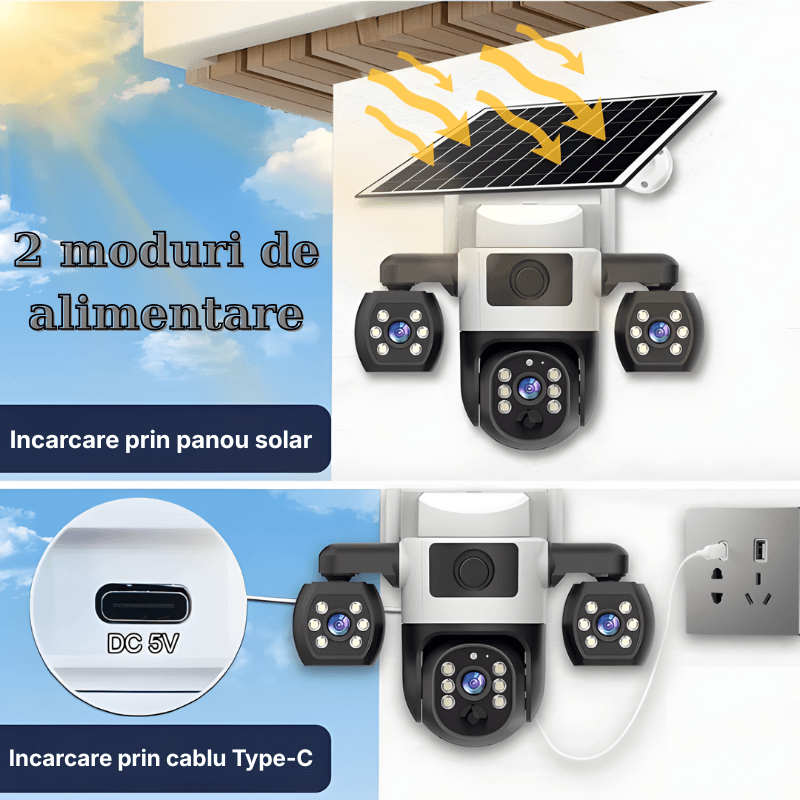 Casa si Gradina - Electrice - Smart Home - Camere de supraveghere - Camera de supraveghere tripla cu panou solar MaGeCa, 4G, Cartela SIM, 6MP Full HD, Baterie 8000 mAh, Panou solar 8W - Infinity.ro