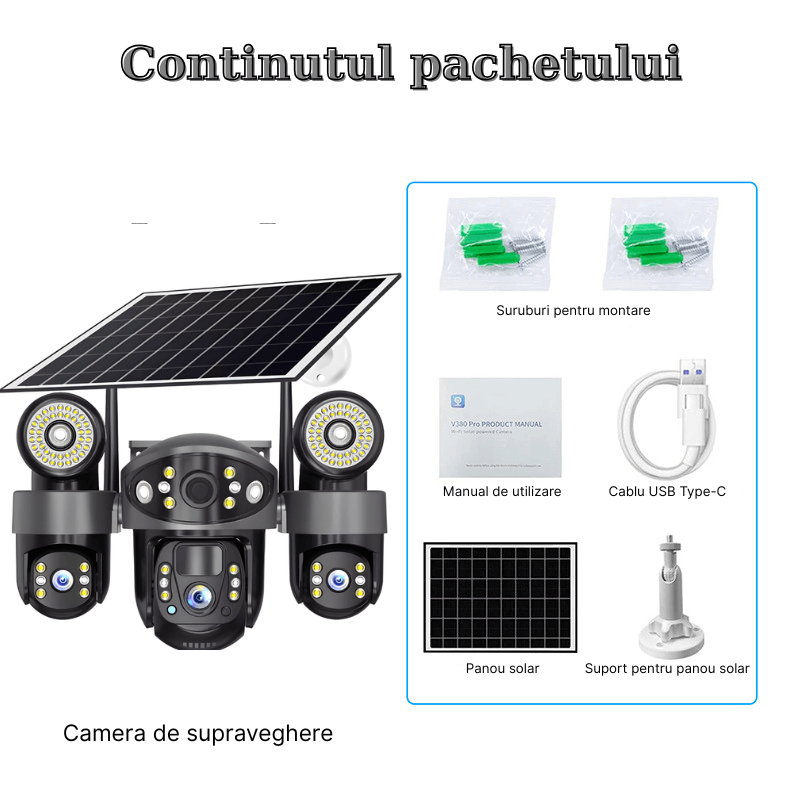 Casa si Gradina - Electrice - Smart Home - Camere de supraveghere - Camera de supraveghere tripla cu panou solar MaGeCa, Conexiune 4G, 6MP Full HD, Baterie 8000 mAh, Panou solar 8W - Infinity.ro