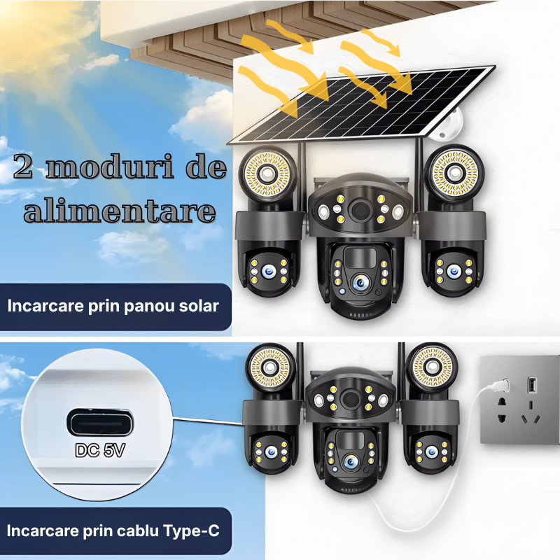 Casa si Gradina - Electrice - Smart Home - Camere de supraveghere - Camera de supraveghere tripla cu panou solar MaGeCa, Conexiune 4G, 6MP Full HD, Baterie 8000 mAh, Panou solar 8W - Infinity.ro