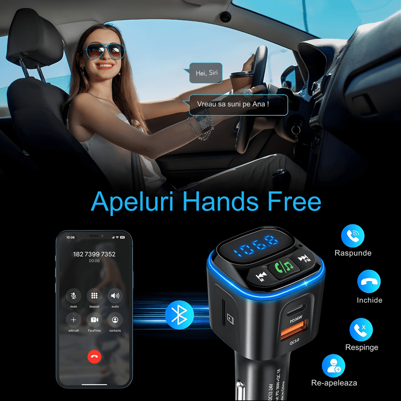 Auto si Moto - Electronice auto - Multimedia auto - Modulator FM cu Bluetooth, microSD, incarcare rapida, apeluri hands-free si redare muzica, alimentare 12–24 V - Infinity.ro