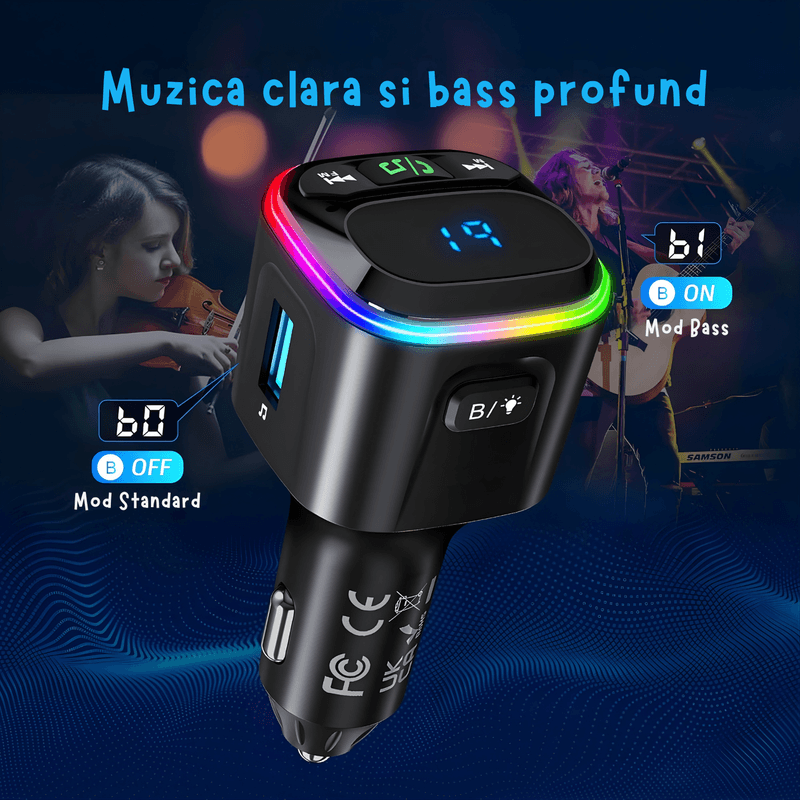 Auto si Moto - Electronice auto - Multimedia auto - Modulator FM cu Bluetooth, microSD, incarcare rapida, apeluri hands-free si redare muzica, alimentare 12–24 V - Infinity.ro