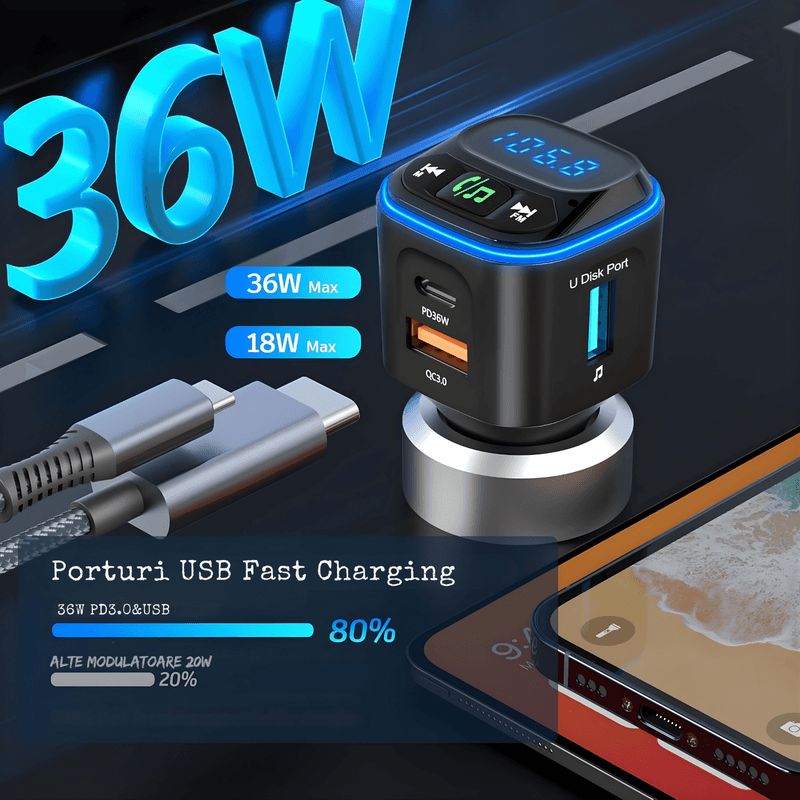 Auto si Moto - Electronice auto - Multimedia auto - Modulator FM cu Bluetooth, microSD, incarcare rapida, apeluri hands-free si redare muzica, alimentare 12–24 V - Infinity.ro