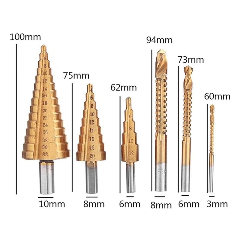 Casa si Gradina - Constructii - Scule electrice si accesorii - Seturi si accesorii pentru gaurit si insurubat - Set 6 burghie in cutie de depozitare, 3 marimi in trepte si 3 cu rasucire, pt prelucrarea metalelor, lemnului etc - Infinity.ro