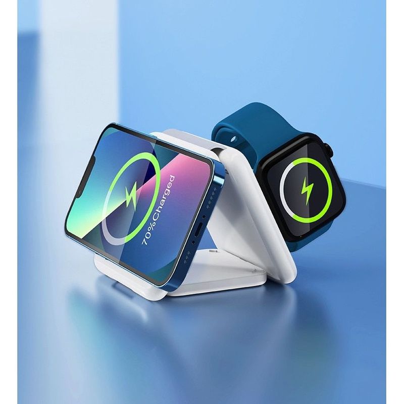 Laptop, Telefoane si Tablete - Telefoane mobile si accesorii - Accesorii Telefoane - Incarcatoare telefoane - Statie de Incarcare Wireless Magnetica Pliabila 3 in 1, Telefon, Smartwatch si Casti, compatibil iOS si Android - Infinity.ro
