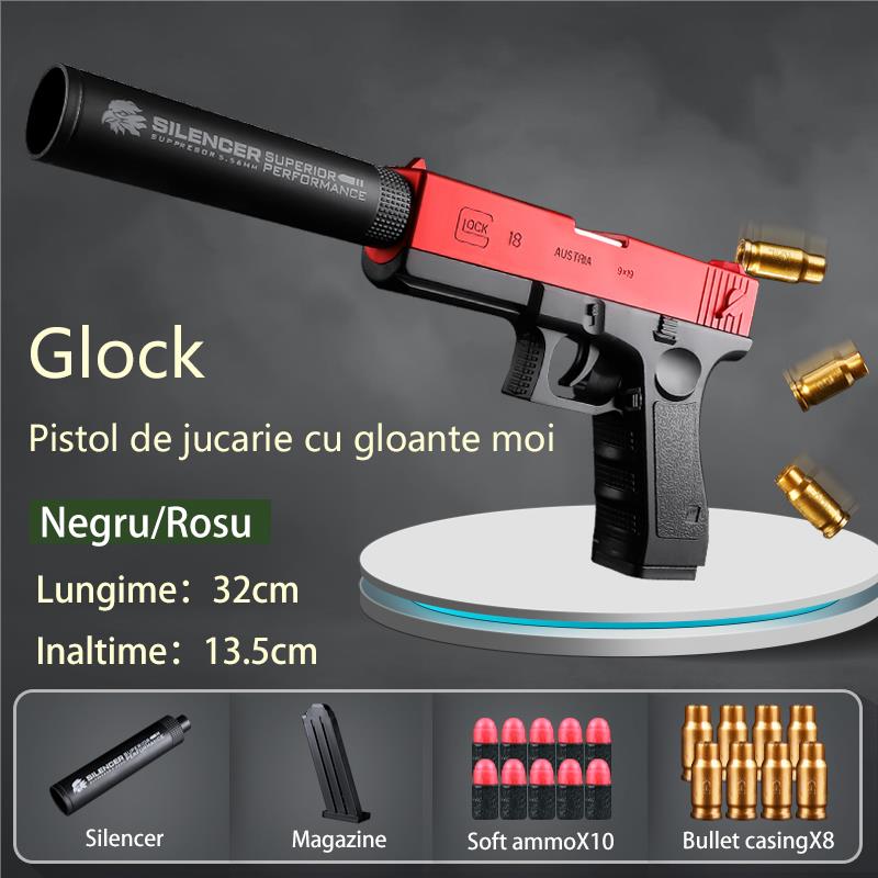 Jucarii, Copii si Bebe - Jucarii si jocuri - Jucarii de rol - Arme de jucarie - Pistol de jucarie cu gloante moi, Incarcare manuala, Ejectarea carcasei goale, Negru/Rosu - Infinity.ro