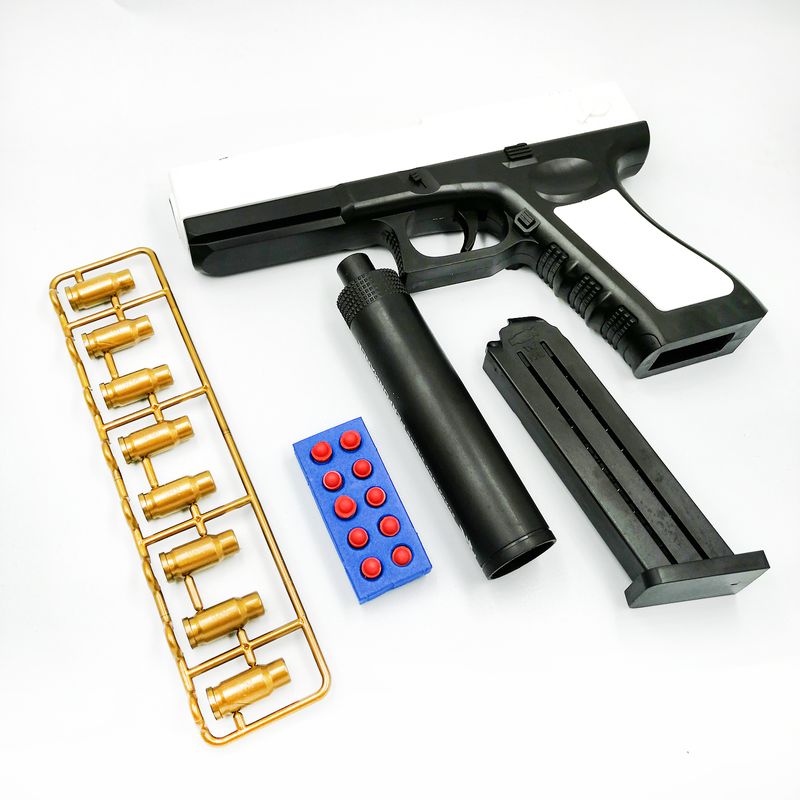 Jucarii, Copii si Bebe - Jucarii si jocuri - Jucarii de rol - Arme de jucarie - Pistol de jucarie cu gloante moi, incarcare manuala, culoare alb cu negru, incarcatura din burete - Infinity.ro