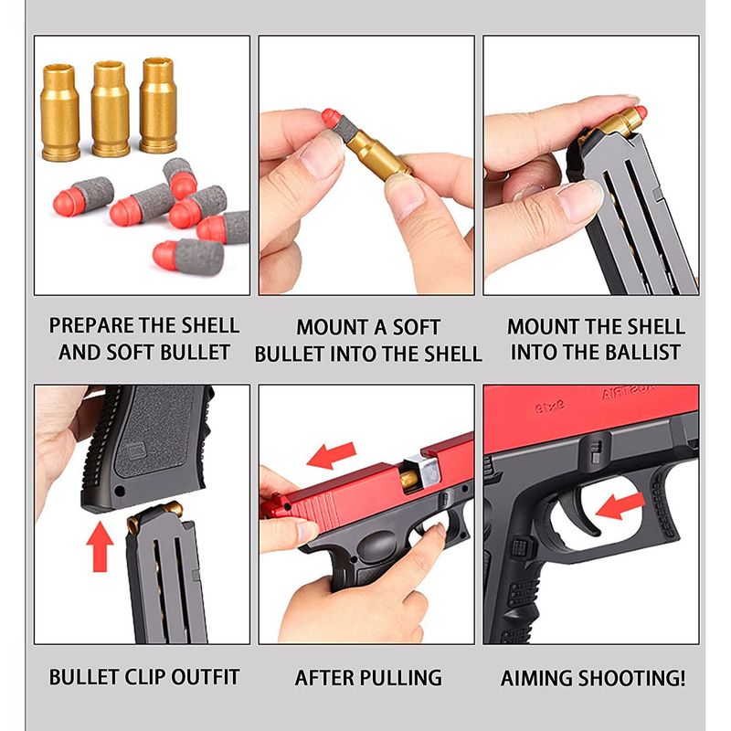 Jucarii, Copii si Bebe - Jucarii si jocuri - Jucarii de rol - Arme de jucarie - Pistol de jucarie cu gloante moi, Incarcare manuala, Ejectarea carcasei goale, Negru/Rosu - Infinity.ro