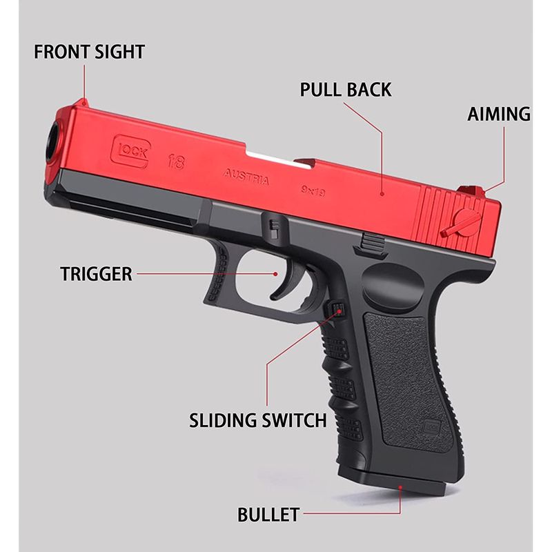 Jucarii, Copii si Bebe - Jucarii si jocuri - Jucarii de rol - Arme de jucarie - Pistol de jucarie cu gloante moi, Incarcare manuala, Ejectarea carcasei goale, Negru/Rosu - Infinity.ro