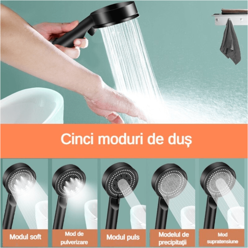 Casa si Gradina - Sanitare - Cazi si cabine de dus - Coloane si seturi de dus - Set cap de dus & furtun 150 cm & suport montare, 5 moduri de jet cu presiune mare, 5 viteze reglabile, ABS, Negru - Infinity.ro