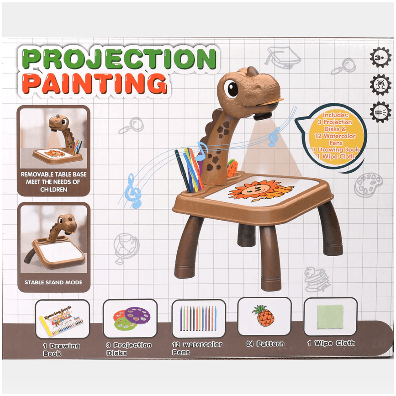 Jucarii, Copii si Bebe - Jucarii si jocuri - Jucarii & jocuri educative - Jocuri si jucarii educative - Masa De Desen Cu Proiector Pentru Copii, 3 Discuri cu 24 Șabloane, 12 Carioci, Carte de Desen, Model Dinozaur Maro - Infinity.ro