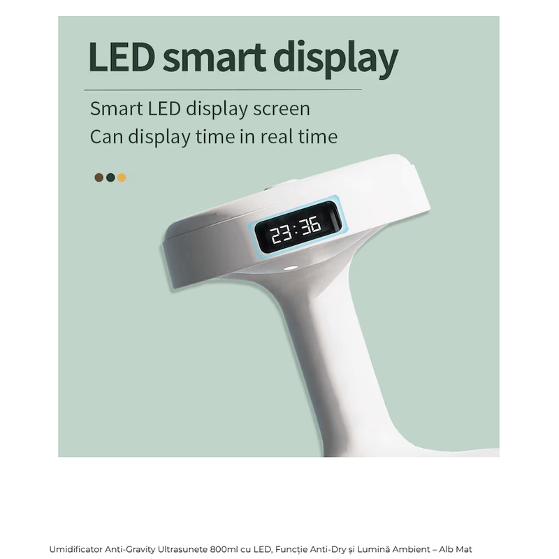 Electronice si Electrocasnice - Climatizare si sisteme de incalzire - Aparate filtrare aer - Umidificatoare - Umidificator cu Efect Antigravitational, Capacitate 800ml, Ceas Digital, Pulverizare fina si silentioasa – Alb - Infinity.ro