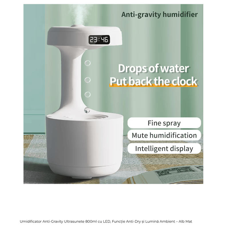 Electronice si Electrocasnice - Climatizare si sisteme de incalzire - Aparate filtrare aer - Umidificatoare - Umidificator cu Efect Antigravitational, Capacitate 800ml, Ceas Digital, Pulverizare fina si silentioasa – Alb - Infinity.ro