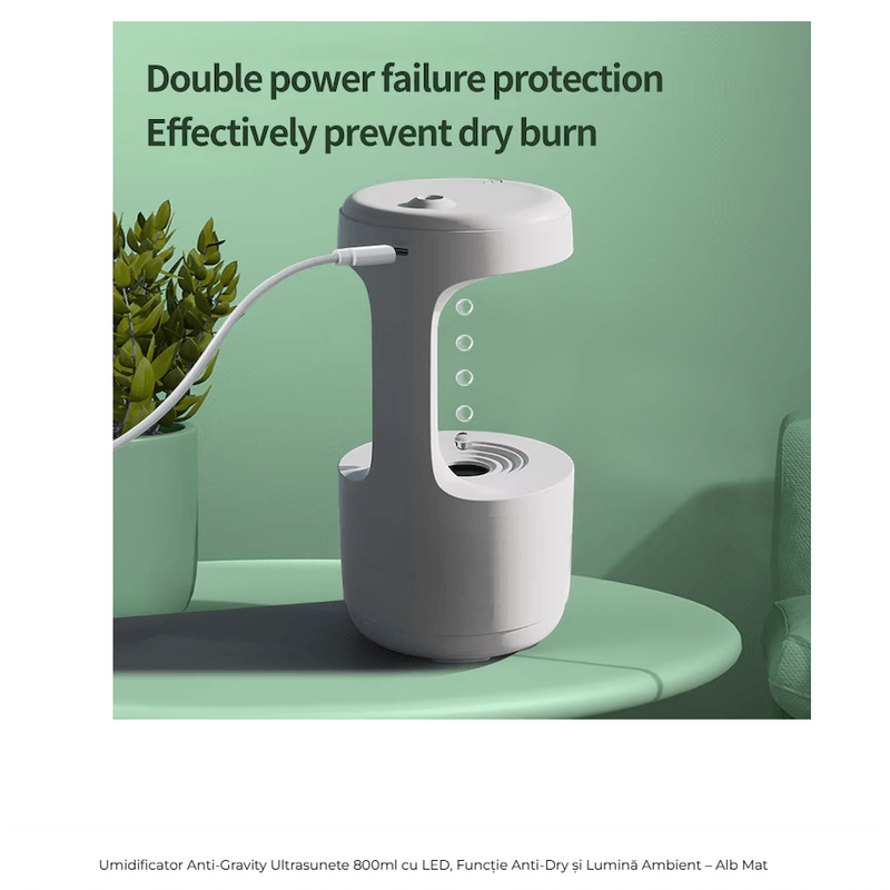Electronice si Electrocasnice - Climatizare si sisteme de incalzire - Aparate filtrare aer - Umidificatoare - Umidificator cu Efect Antigravitational, Capacitate 800ml, Ceas Digital, Pulverizare fina si silentioasa – Alb - Infinity.ro