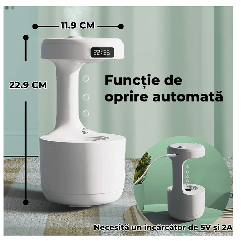 Electronice si Electrocasnice - Climatizare si sisteme de incalzire - Aparate filtrare aer - Umidificatoare - Umidificator cu Efect Antigravitational, Capacitate 800ml, Ceas Digital, Pulverizare fina si silentioasa – Alb - Infinity.ro
